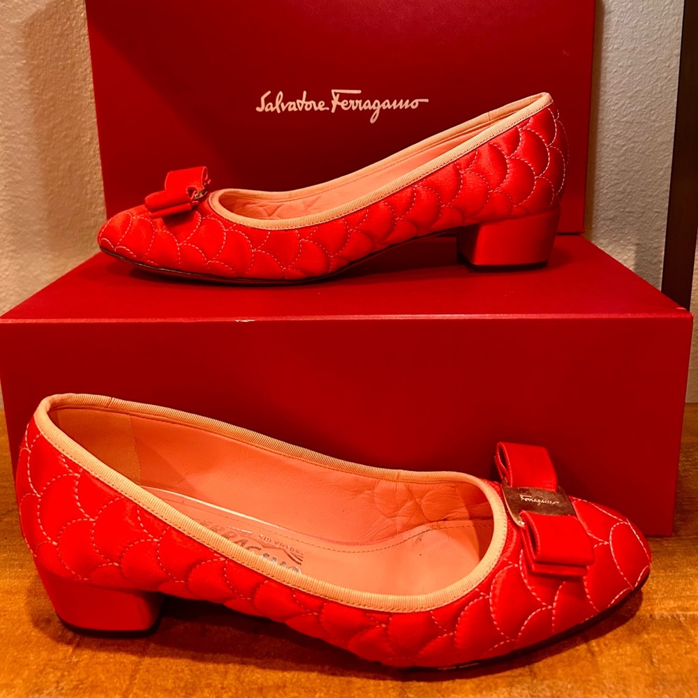 Salvatore Ferragamo Red Satin Vara Pump